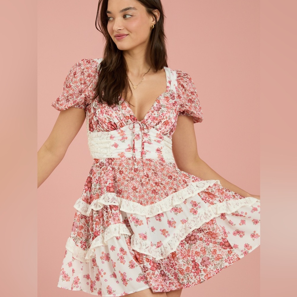 NWT! Altar'd State Pink Floral Tiered Mini Dress - Picture 1 of 3
